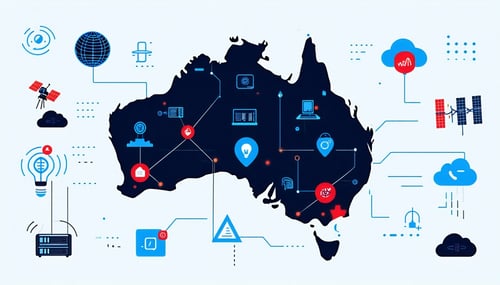 A simple map of Australia with icons representing technology AI and global connectivity eg satellites servers or cloud symbols blue red black-3