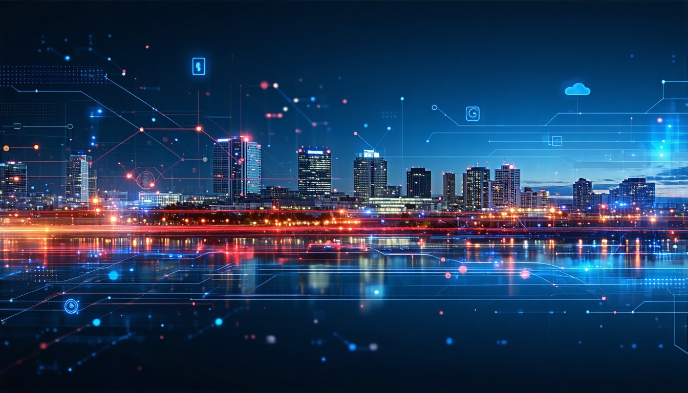 blue red blackA wide futuristic composite image blending Perths skyline with abstract digital layers fibre lines GPU grids data cloud iconsVisual tone premium strategic sovereignPurpose Establish the overarching message of Perths emergence as a nextg