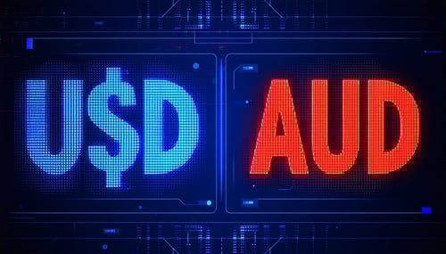 technology image USD to AUD exchange rate with symbols of a dollar and an Australian dollar sign blue red black-2