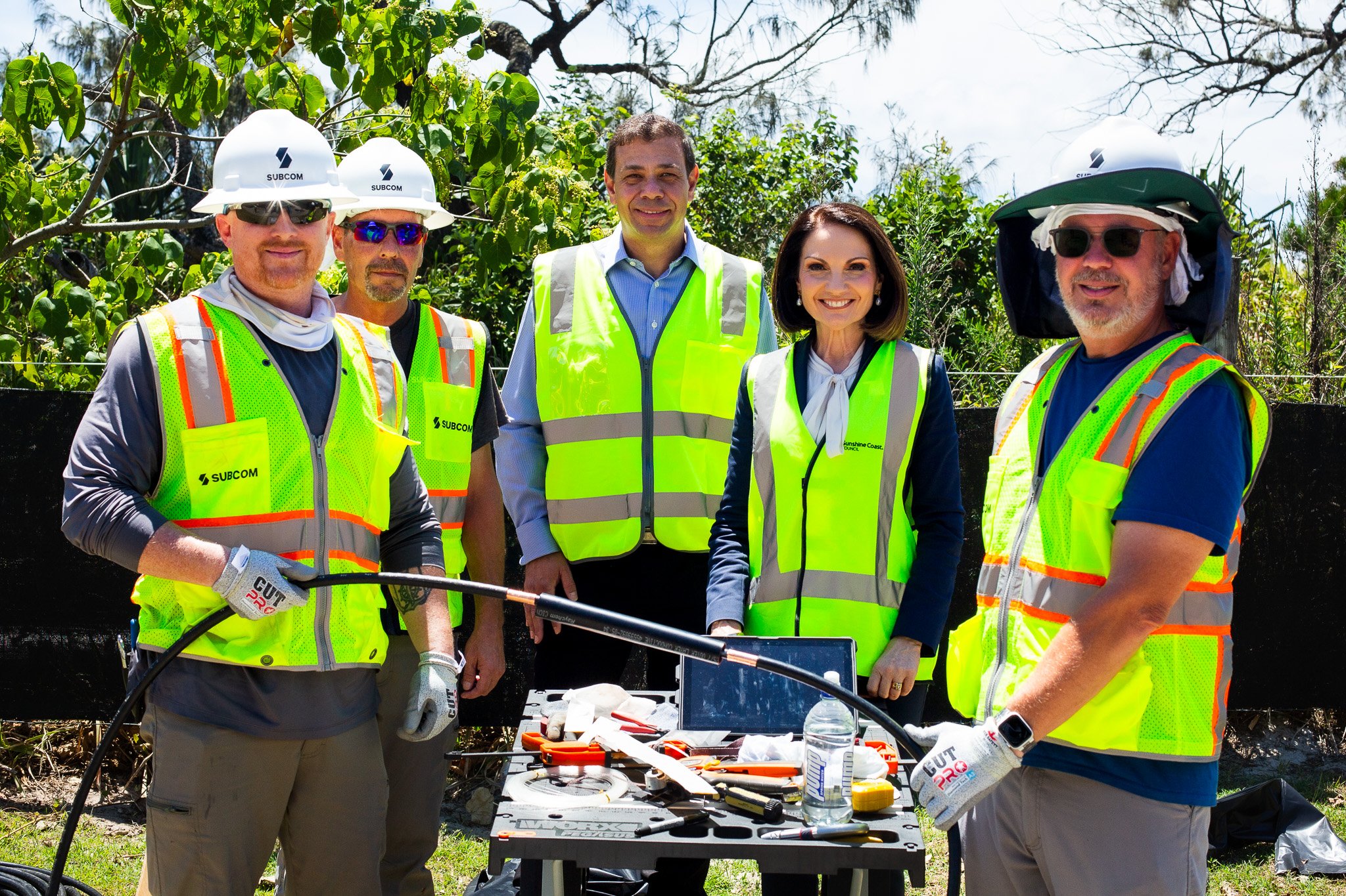 Anderson Silveira, strategic negotiator, Google Global Networking with Mayor Rosanna Natoli and SubCom staff at the cable landing in Maroochydore